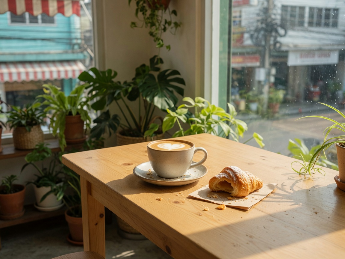 프롬퐁 카페 창가에서 비만 기다림